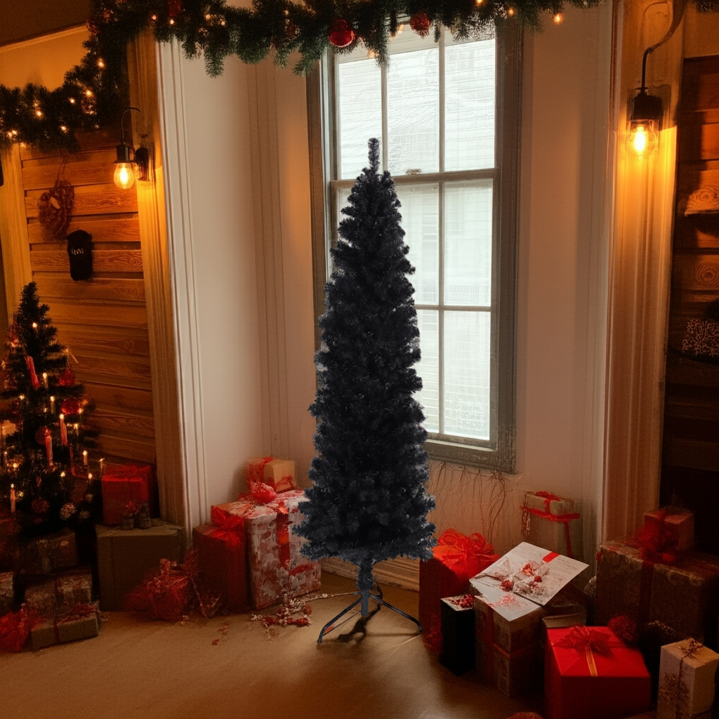 7.5 Ft. Black Slender Artificial Christmas Tree Including Collapsible Metal Stand
