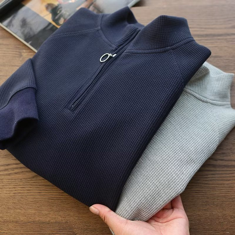 Solid Color Polo Shirt Men's Loose Half Zipper Waffle Sweater