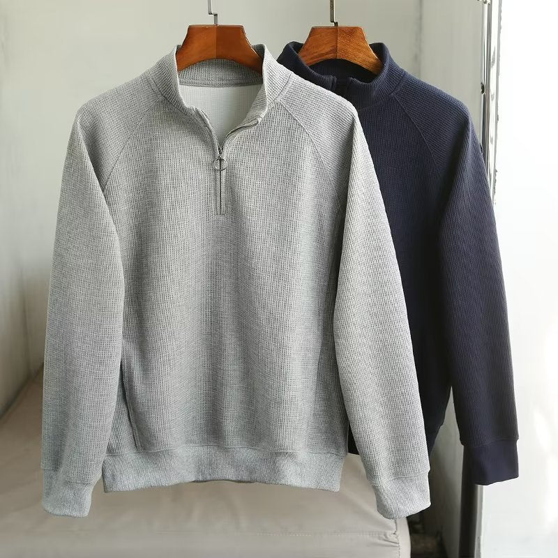 Solid Color Polo Shirt Men's Loose Half Zipper Waffle Sweater